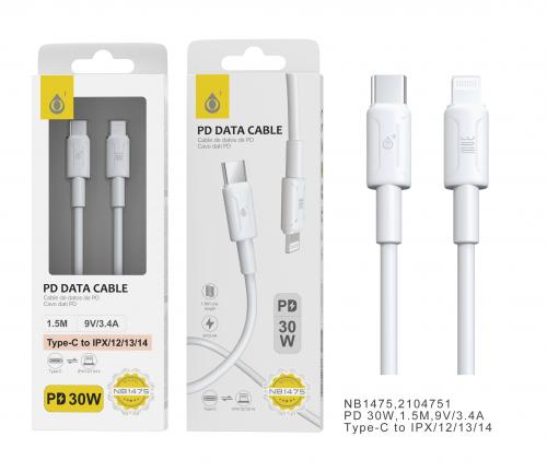 Câble type-C vers lightning- 30W- 1,5m- Iphone X a 14- Blanc-NB1475